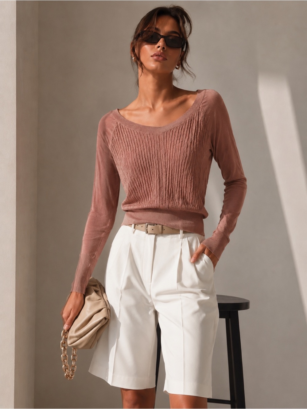 Wolford Dusty Rose Viscose Knit Top M Slim Pleated (flaw)